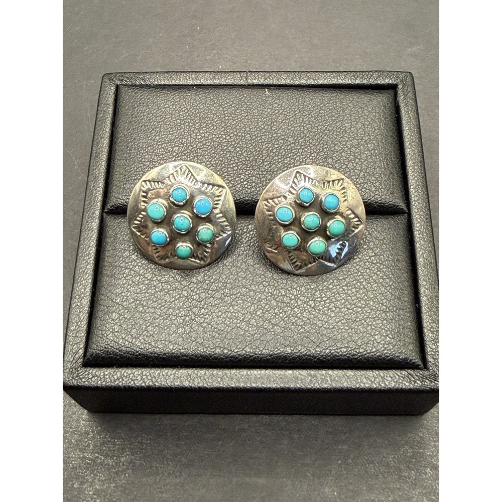 Vintage Sterling Silver Southwestern Turquoise Disc Earrings Native